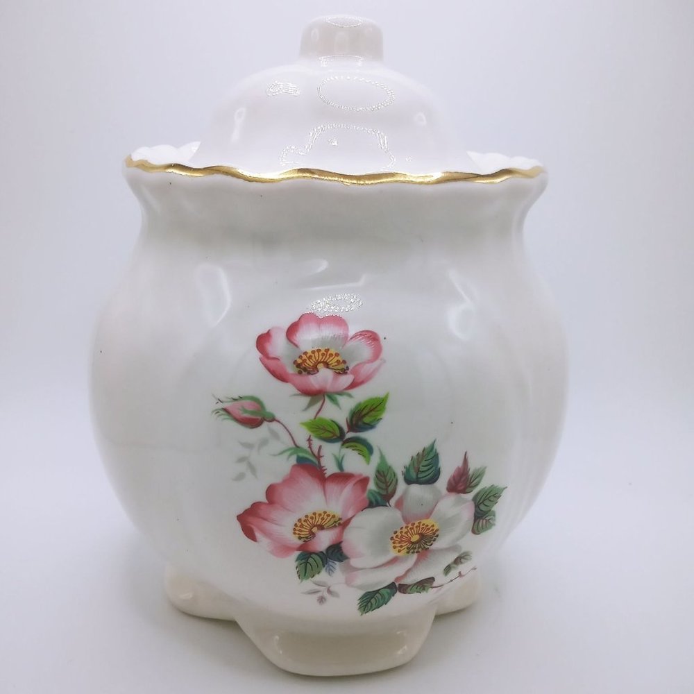 Vintage Ceramic White Floral Design Storage Canister Jar The House of Webster